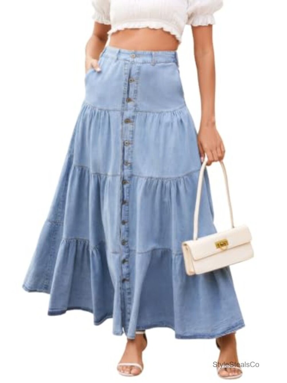 Tiered Button Down Denim Maxi Skirt High Elastic Waist Pleated A-Line Jean Skirt
